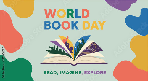 World Book Day illustration with open book and colorful shapes in playful vibrant colors for education