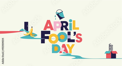 April Fools Day banner in playful typography with colorful letters and whimsical illustrations for holiday greeting