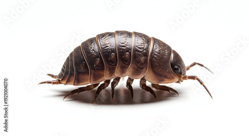 Isopod crustacean, also known as woodlouse or pill bug, isolated on white background, showcasing its armored shell and multiple limbs.