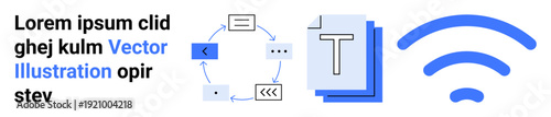 Digital networks, connectivity, workflow, communication, information flow, data exchange. Circular process diagram, layered text files and wireless symbol . Connectivity and workflow ideas