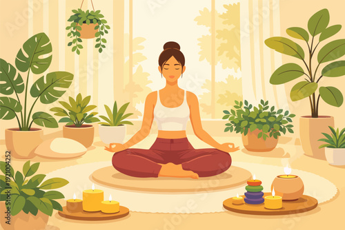 A calm young woman sitting in a lotus pose for yoga meditation is a zen cartoon vector illustration of health and fitness lifestyle