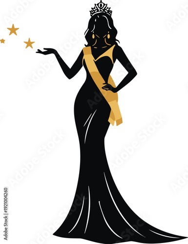Elegant black silhouette of a beauty pageant queen wearing a gold sash and crown standing with stars isolated on white background for gala events