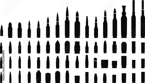 Large set of ammunition silhouette icons featuring various bullet calibers and rifle cartridges for military defense ballistics and firearms industry design vector illustration