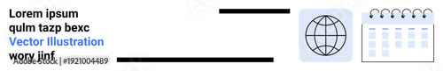 Global communication, online scheduling, digital calendars, time management, event planning, productivity. Globe icon linked to a calendar. Global communication and online scheduling concept