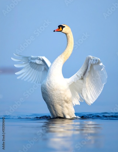 A majestic white swan spreads its wings on serene water