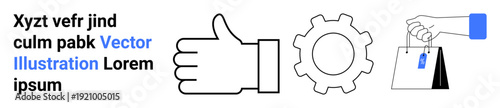 Business services, customer feedback, shopping, productivity tools, marketing visuals, e-commerce. Thumbs up, gear and shopping bag with tags . Customer feedback and business services concept