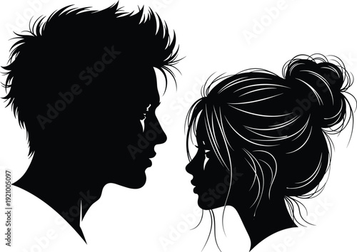 Romantic couple silhouette profile illustration, man and woman face to face love concept black vector design
