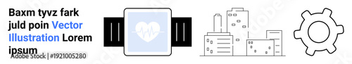 Wearable tech, urban development, smart city concepts, healthcare, digital tools, innovation . A smartwatch with a heartbeat icon, gear cog and buildings. Wearable tech and urban development concept