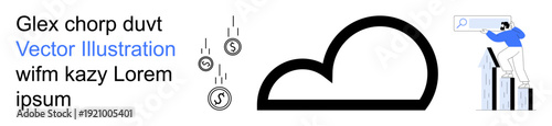 Cloud computing, financial growth, data management, economic investment, analytics, future trends. A black cloud icon, falling coins and a person analyzing data. Cloud computing and financial growth