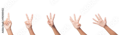Set of human hands showing counting gestures from one to five isolated on transparent background. Concept of numbering, teaching, communication, and math symbols