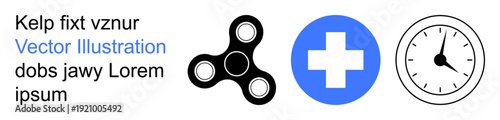 Time management, healthcare, stress relief, productivity, conceptual design, modern minimalism. Bold fidget spinner, blue medical cross and clock icons with abstract text. Stress relief