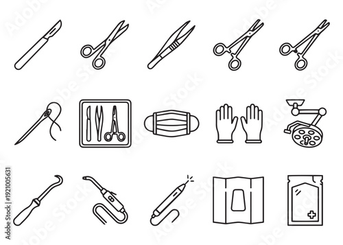 Surgical instruments and medical tools line icon set, healthcare and medicine