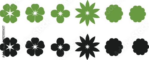 Top view tree and bush symbols set, green and black landscape elements isolated on white background vector illustration