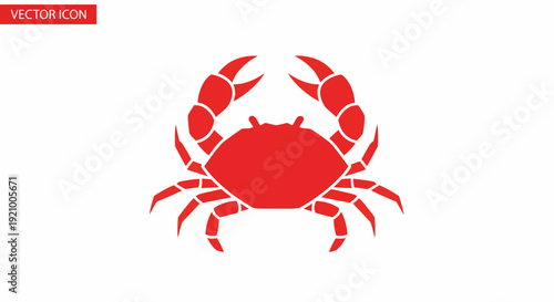 A simple, bold red icon of a crab with its claws raised against a white background.