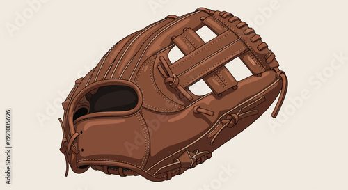 A detailed illustration of a classic brown leather baseball glove, ready for a game on the field.