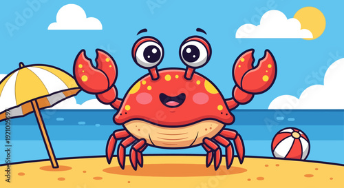 A cute cartoon red crab with big eyes smiling on a sandy beach with an umbrella and a beach ball.