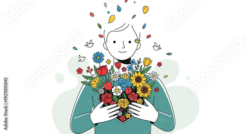 Smiling person holding vibrant bouquet of flowers with leaves and birds flying around