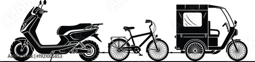 Urban transport vehicles silhouette set, scooter bicycle and auto rickshaw, black and white vector illustration collection