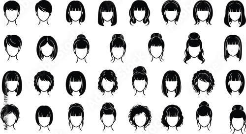 Women hairstyle silhouette collection, female haircuts and bangs styles icons set, black isolated vector illustration design