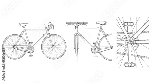 Vintage road bicycle technical drawing, detailed line art illustration showing side front views and drivetrain mechanism blueprint design