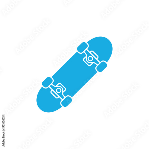 A blue skateboard with white wheels and trucks on a plain white background