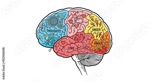 Vibrant brain illustration showing thoughts love and anger in colorful sections