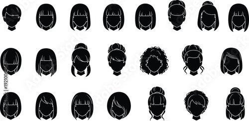 Women hairstyle silhouette icons set, female haircuts with bangs, bun and curly styles isolated black vector illustration