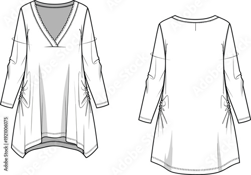 Women long sleeve tunic dress technical fashion flat sketch, front and back view apparel template illustration