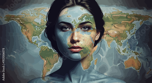 Woman with world map on her face looking global and connected