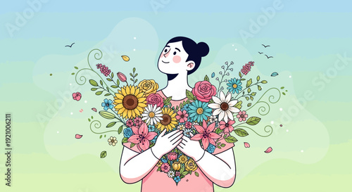 Woman holding colorful flowers with joyful expression outdoors
