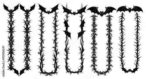 black bats and thorns letter u set isolated on white background halloween