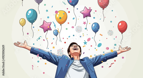 Man celebrating with arms outstretched amidst colorful balloons and confetti