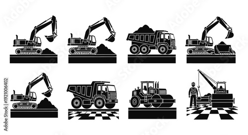construction vehicles icons including excavators and dump trucks
