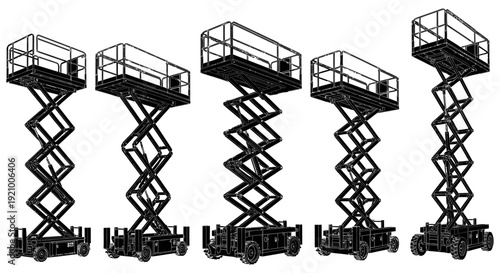 scissor lifts in a row on a white background for construction