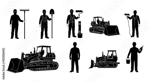 construction workers with heavy machinery equipment bulldozers silhouettes