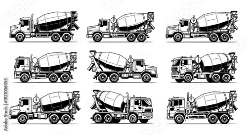 cement mixer trucks in various positions and angles