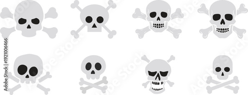 Skull Cross Bone Icon set Collection Group with Pirate Symbol, Danger Sign, Poison Emblem, Hazard , Gothic Tattoo Design, Halloween Graphic for Sticker Logo Print Poster Banner.