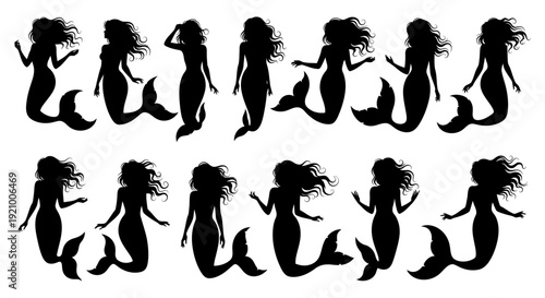 mermaids in various poses silhouettes for design