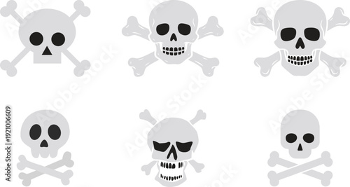 Skull Cross Bone Icon set Collection Group with Pirate Symbol, Danger Sign, Poison Emblem, Hazard , Gothic Tattoo Design, Halloween Graphic for Sticker Logo Print Poster Banner.