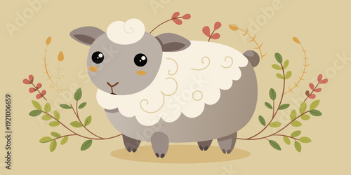A stuffed sheep toy with a beige background and decorative branches