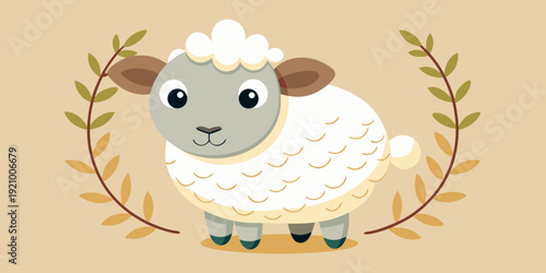 A stuffed sheep toy with a beige background and decorative branches