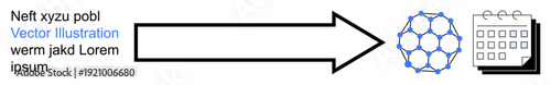 Technology transfer, data synchronization, task scheduling, process automation, system flow, digital tools. Arrow connects network structure to calendar. Technology transfer and data synchronization