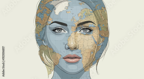 Woman's face with world map overlay, symbolizing global connection