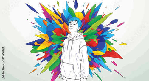 Young man with blue hair standing in front of vibrant colorful explosion