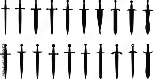 Set of Black Medieval Sword and Dagger Silhouettes Vector Illustration Isolated on White Background for Historical Gaming Combat Icons and Ancient Weaponry Design Assets