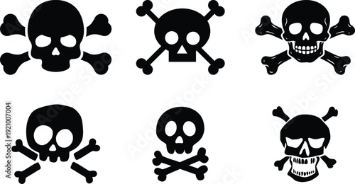 Skull Cross Bone Icon set Collection Group with Pirate Symbol, Danger Sign, Poison Emblem, Hazard , Gothic Tattoo Design, Halloween Graphic for Sticker Logo Print Poster Banner.