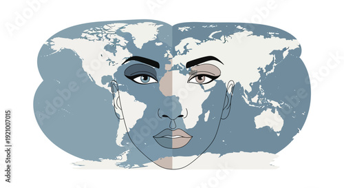 Stunning global woman face with world map background