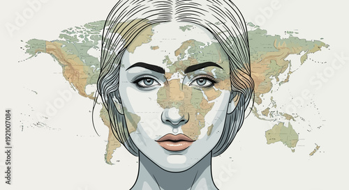 Woman with world map on face looking global and connected