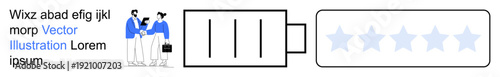 Business evaluation, teamwork, HR management, productivity analysis, decision making, feedback system. Two people discussing with a star rating system. Business evaluation and teamwork concept