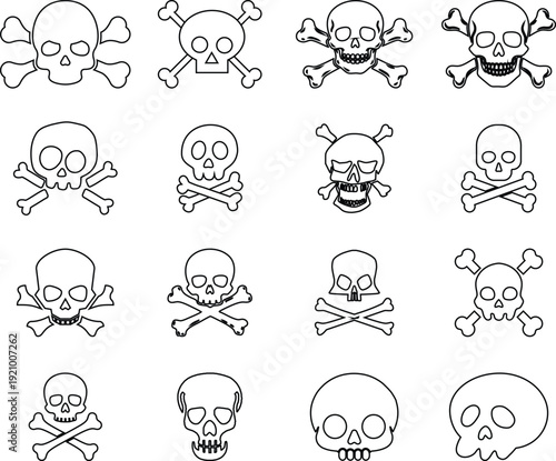 Skull Cross Bone Icon set Collection Group with Pirate Symbol, Danger Sign, Poison Emblem, Hazard , Gothic Tattoo Design, Halloween Graphic for Sticker Logo Print Poster Banner.
